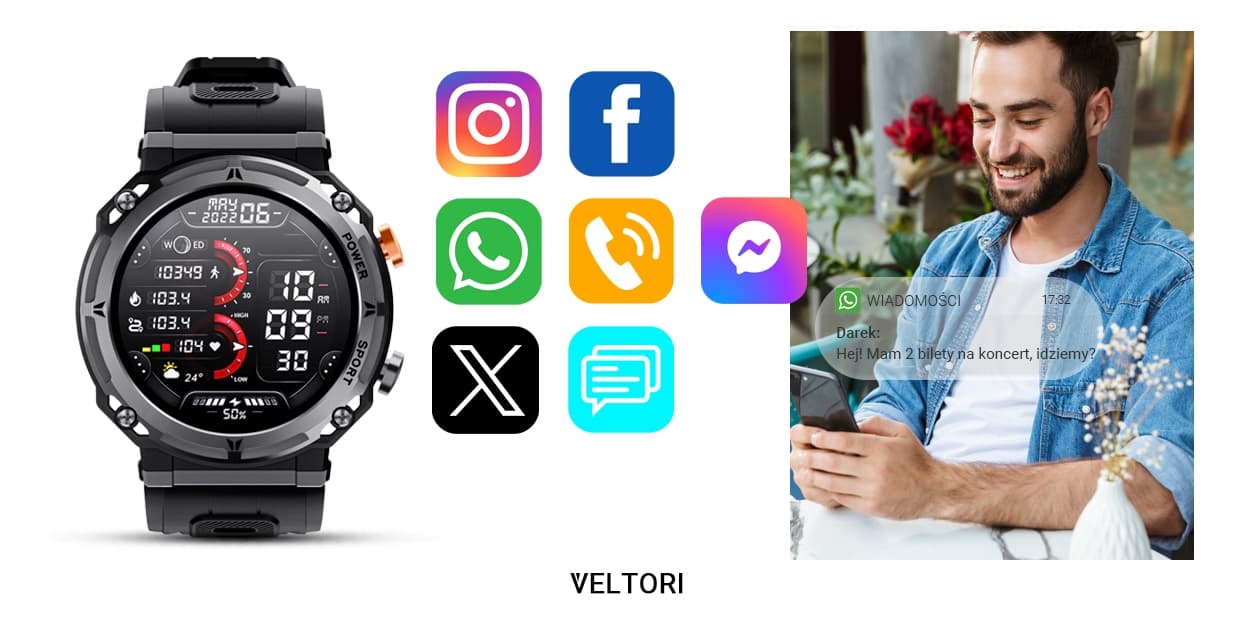 Smartwatch VELTORI VT130-1 Czarny Pasek Silikonowy
