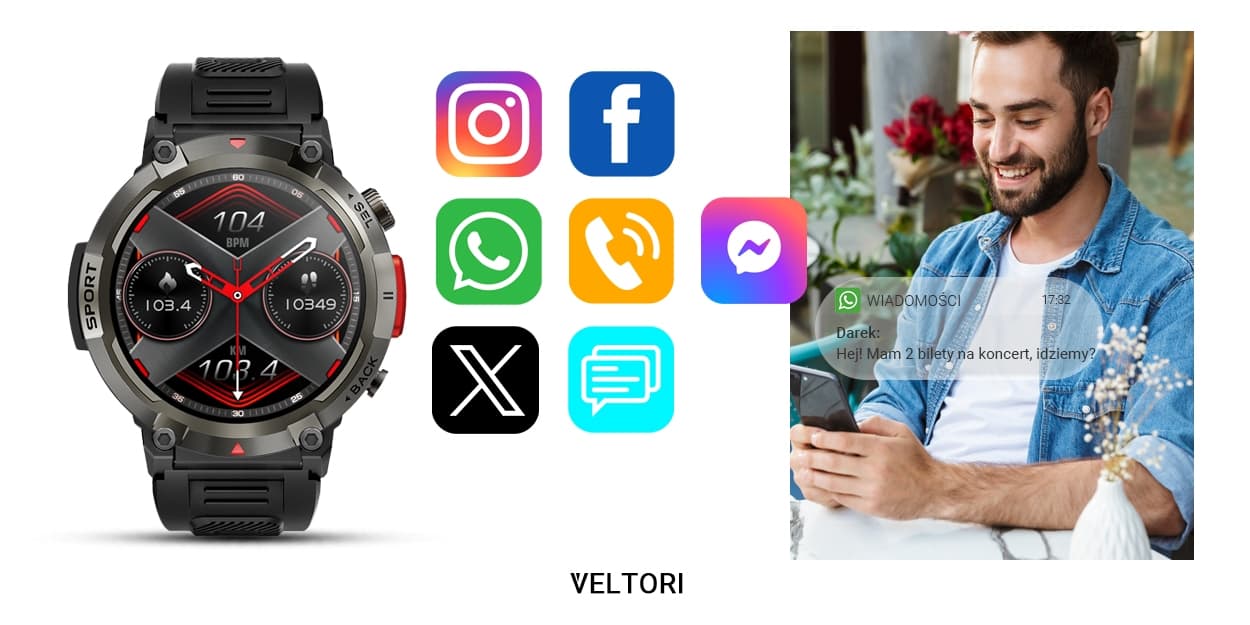 Smartwatch VELTORI VT140-1 Czarny Pasek Silikonowy