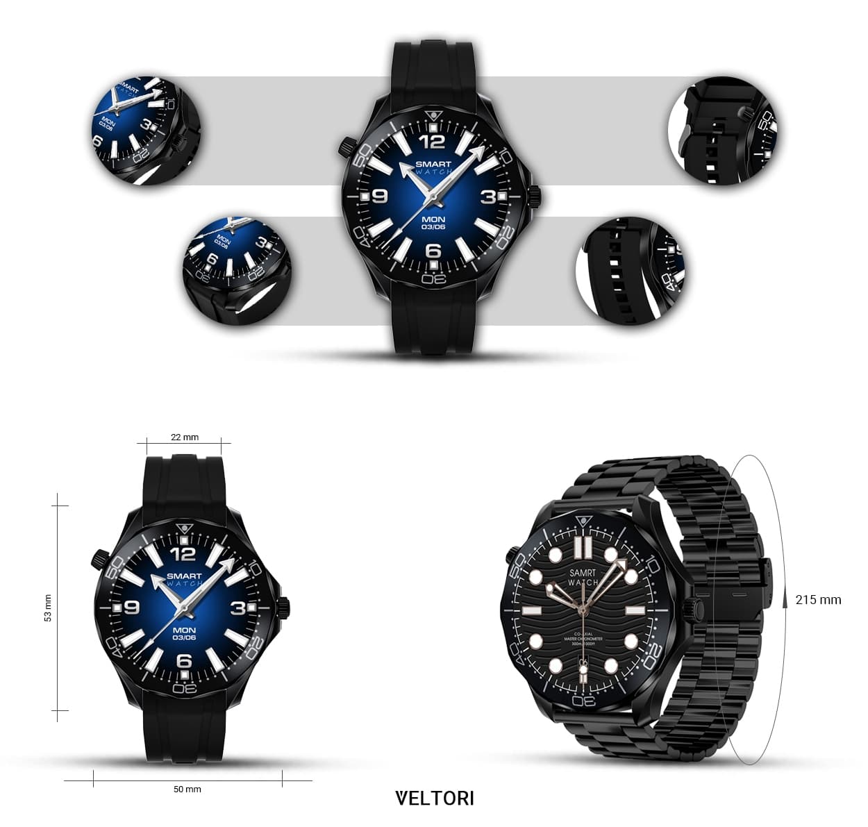 Smartwatch VELTORI VT150-1 Czarny Pasek Silikonowy + Czarna Bransoleta