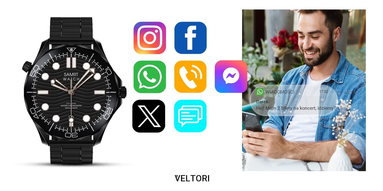 Smartwatch VELTORI VT150-1 Czarny Pasek Silikonowy + Czarna Bransoleta