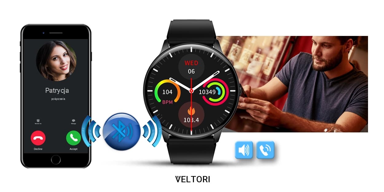 Smartwatch VELTORI VT160-1 Czarny Pasek Silikonowy