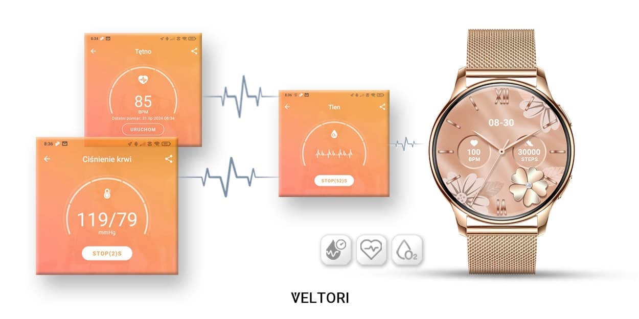 Smartwatch Damski VELTORI VT300-1 Złota Bransoleta