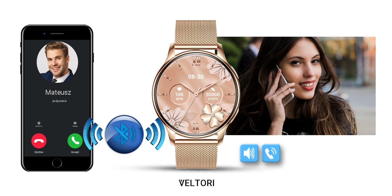 Smartwatch Damski VELTORI VT300-1 Złota Bransoleta