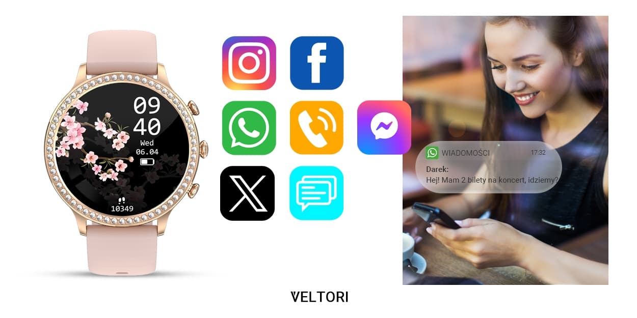 Smartwatch Damski VELTORI VT310-1 Złota Bransoleta + Różowy Pasek Silikonowy