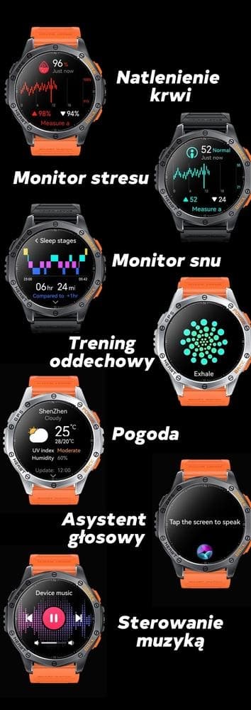 Smartwatch Męski GRAVITY GPS GT24-4 Czarny Pasek Silikonowy + Pomarańczowy Pasek Silikonowy