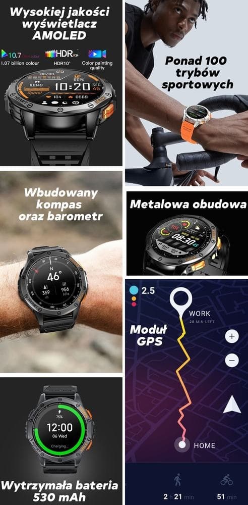 Smartwatch Męski GRAVITY GPS GT24-5 Czarny Pasek Silikonowy + Zielony Pasek Silikonowy
