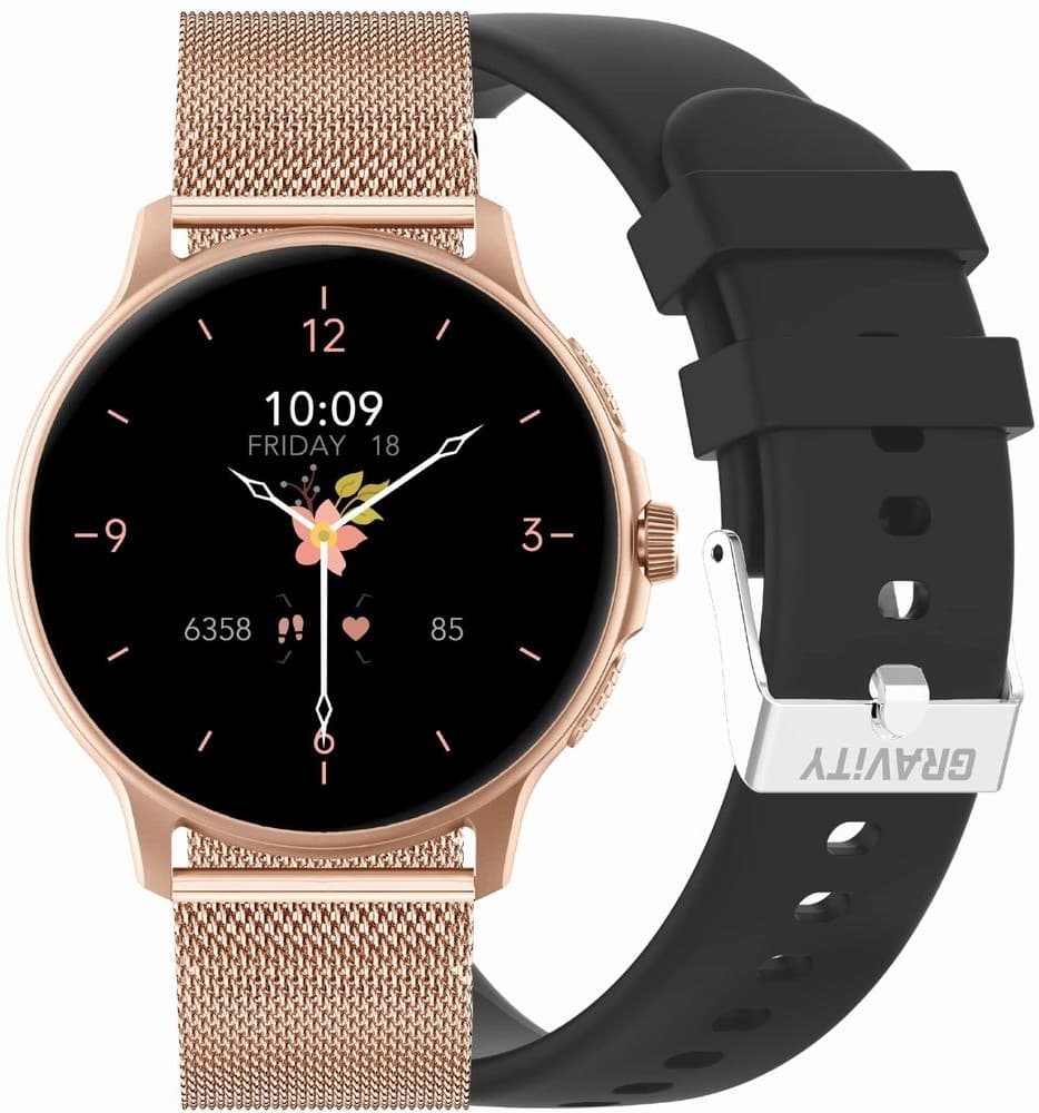 Smartwatch Damski GRAVITY GT12-4 Czarny Pasek Silikonowy + Bransoleta Różowe Złoto